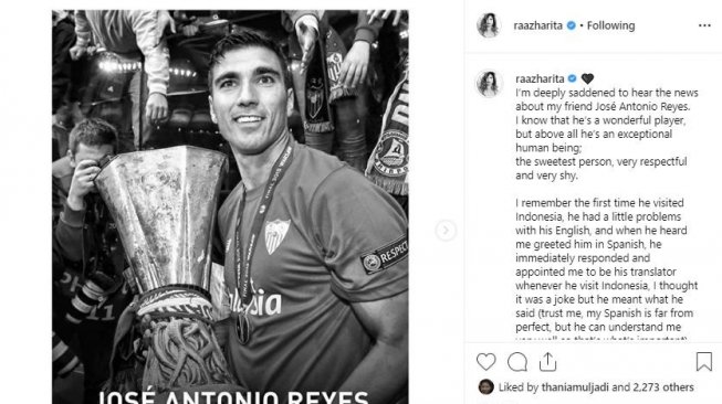 Rahma Azhari mengaku terpukul dengan kepergian Jose Antonio Reyes. [instagram/raazharita]