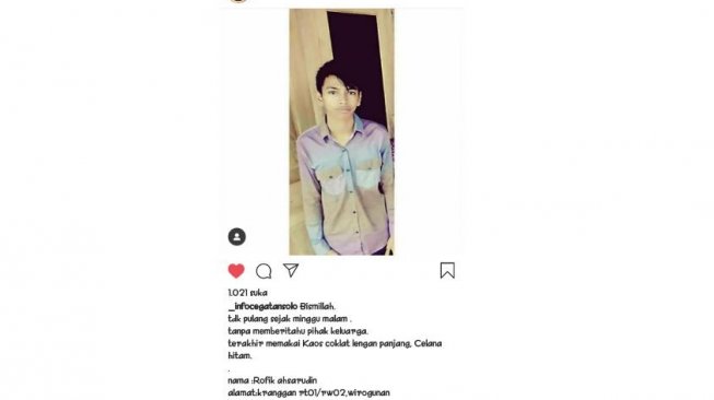 Tangkapan layar pengumuman Rofik Ansharudin yang sempat menghilang. [Instagram _infocegatansolo]