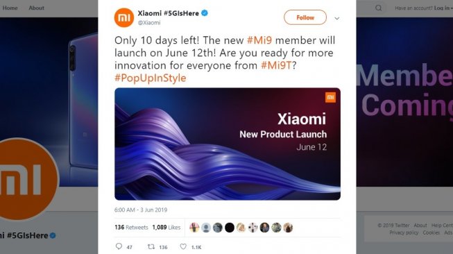 Tanggal peluncuran Xiaomi Mi 9T. [Twitter]