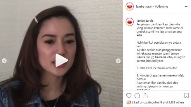 Klarifikasi Citra Monica, perempuan yang digerebek bersama Ifan Seventeen dalam sebuah apartemen. [instagram/lambe_turah]