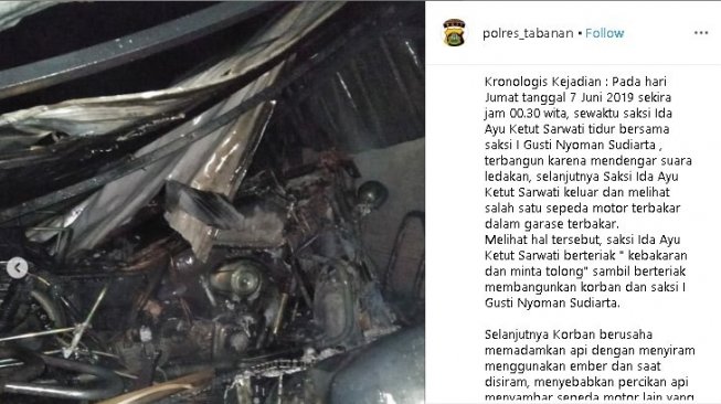 Sebuah garasi moge di Bali terbakar pada Jumat (7/6). (Instagram/@polres_tabanan)