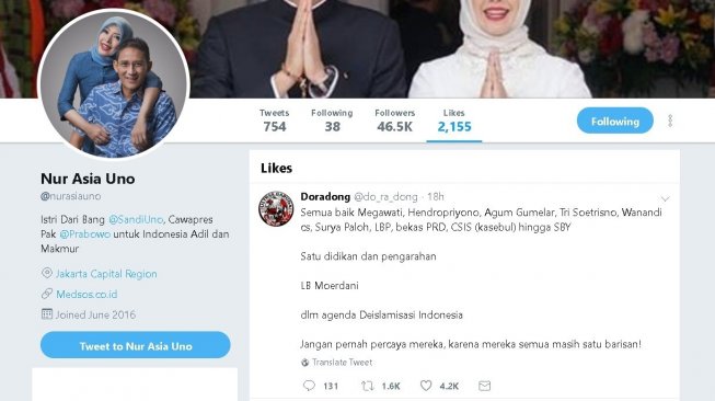 Cuitan yang disukai akun Twitter Nur Asia Uno - (Twitter/@nurasiauno)