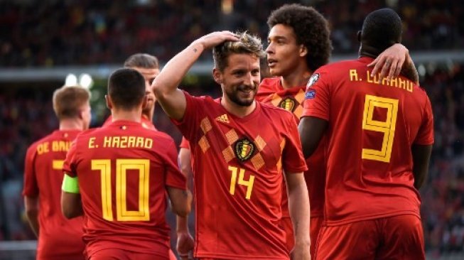 Pemain Belgia Dries Mertens (tengah) merayakan gol ke gawang Kazakhstan dalam laga lanjutan kualifikasi Piala Eorpa 2020 di Brusells. JOHN THYS / AFP