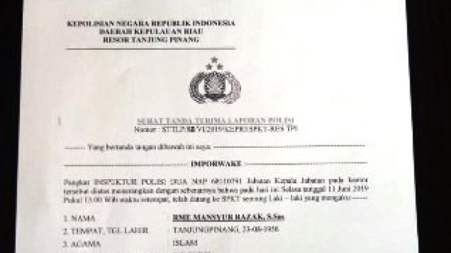 Bukti laporan kasus Ketua DPD Nasdem Tanjungpinang Bobby Jayanto. (Batamnews.co.id)