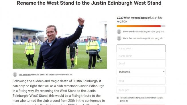 Fans Leyton Orient membuat petisi untuk mengubah nama tribun sisi barat dengan Justin Edinburgh West Stand sebagai bentuk penghargaan atas jasa Justin selama menukangi klub. (Charge.org)