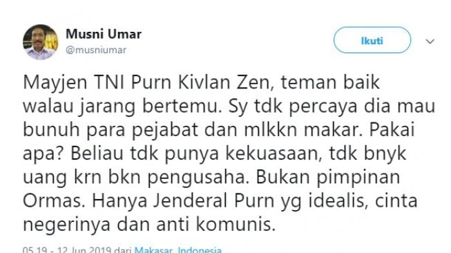 Cuitan Musni Umar. (Twitter)