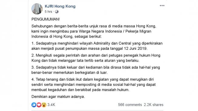 Imbauan KJRI Hong Kong - (Facebook/@kjrihk)