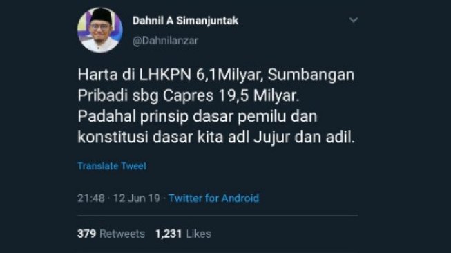 Cuitan Dahnil Anzar yang hilang (Twitter)