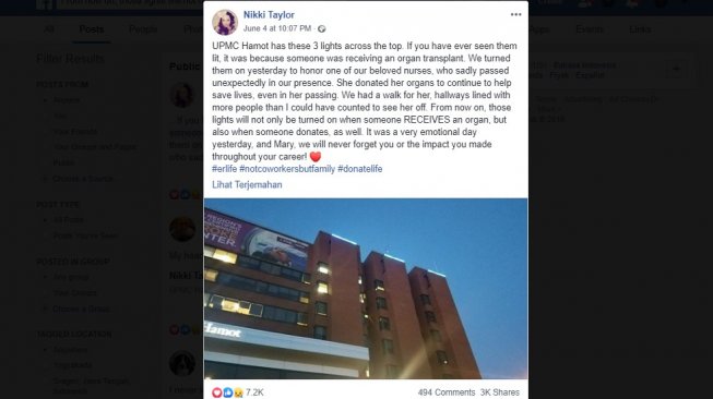Perawat meninggal dan donorkan organnya. (Facebook/Nikki Taylor)