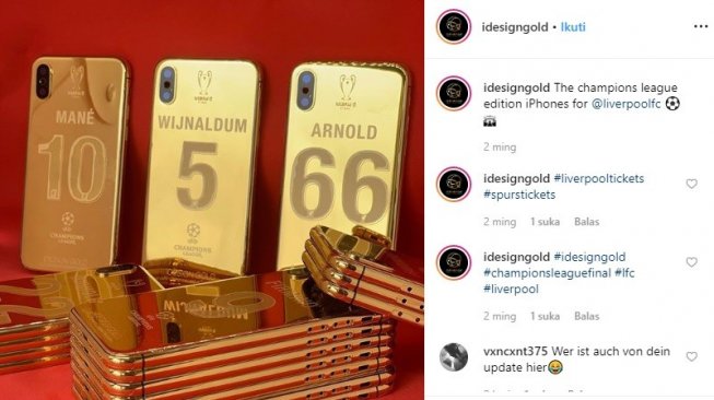 iPhone X berlapis emas untuk para pemain Liverpool. [Instagram/@idesigngold]