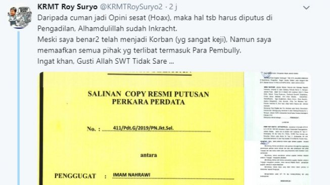 Unggahan Roy Suryo soal gugatan yang dicabut Menpora Imam Nahrawi. (Twitter)