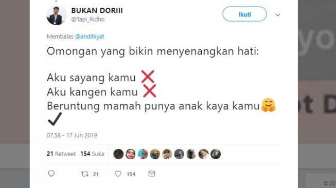 Postingan warganet, ucapan yangn menyenangkan hati. [Twitter]