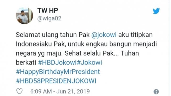 Salah satu ungkapan selamat kepada Kepala Negara KNRI, Ir H. Joko Widodo [screenshot Twitter].