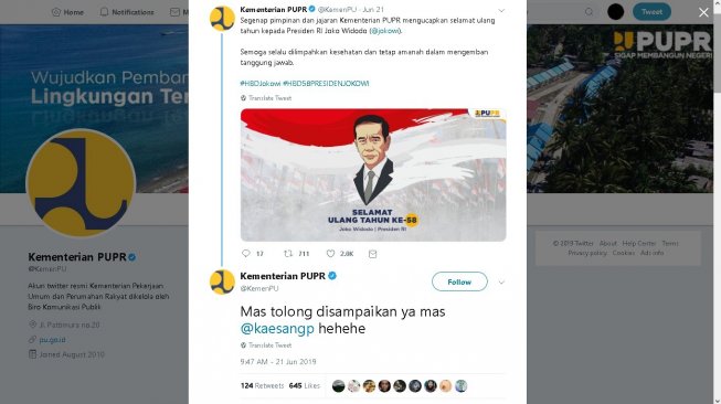 Ucapan ulang tahun dari Kementerian PUPR untuk Jokowi - (Twitter/@KemenPU)