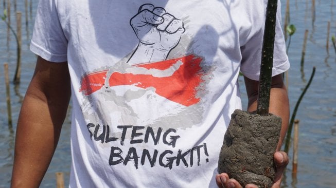 Sejumlah anggota berbagai kelompok pecinta alam menanam bibit mangrove di lokasi bekas terdampak bencana gempa dan tsunami di Pantai Mamboro, Palu Utara, Sulawesi Tengah, Minggu (23/6). ANTARA FOTO/Mohamad Hamzah