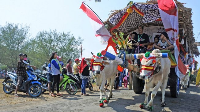 Warga menyaksikan Festival Pegon "Watu Ulo Pegon (Waton) Parade 2019" di Desa Sumberejo, Ambulu, Jember, Jawa Timur, Minggu (23/6). ANTARA FOTO/Seno