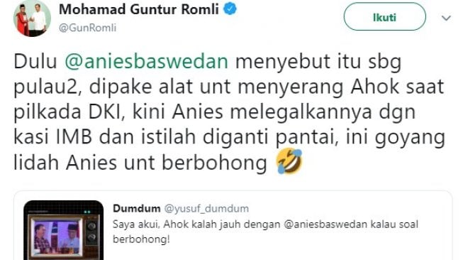 Cuitan Guntur Romli di akun Twitter pribadinya. (@GunRomli).