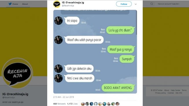 Postingan warganet, chat konyol yang bikin kesel plus ngakak. [Twitter]