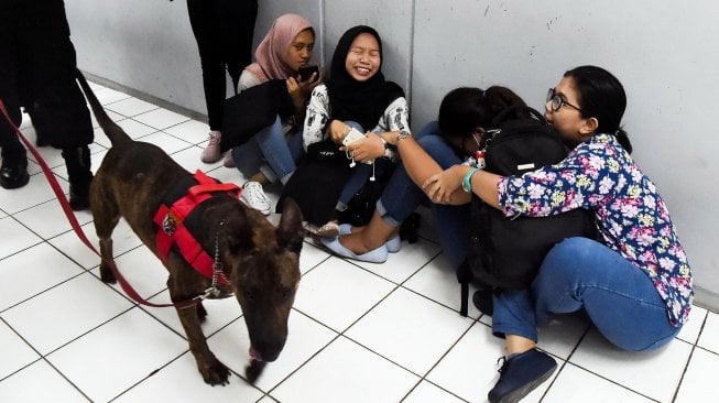 Petugas unit K9 Polda Metro Jaya (unit keamanan dengan bantuan anjing pelacak) merazia narkoba saat gelar patroli cipta kondisi gabungan P4GN di Universitas Nasional, Jakarta, Selasa (25/6). ANTARA FOTO/Galih Pradipta