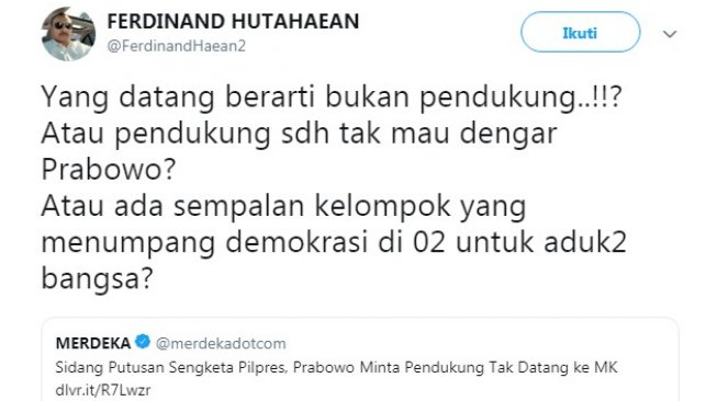 Cuitan Ferdinand Hutahaean mengenai aksi massa di MK (Twitter)