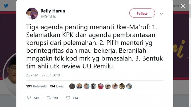 Cuitan Refly Harun - (Twitter/@ReflyHZ)