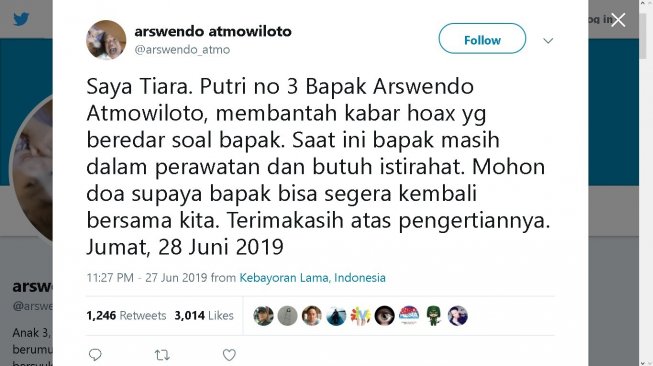 Cuitan akun Twitter Arswendo Atmowiloto - (Twitter/@arswendo_atmo)