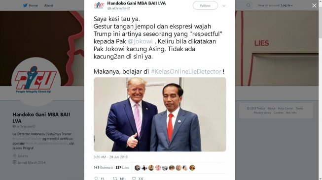 Analisis Handoko Gani tentang gestur jempol Donald Trump dekat Jokowi - (Twitter/@LieDetectorID)