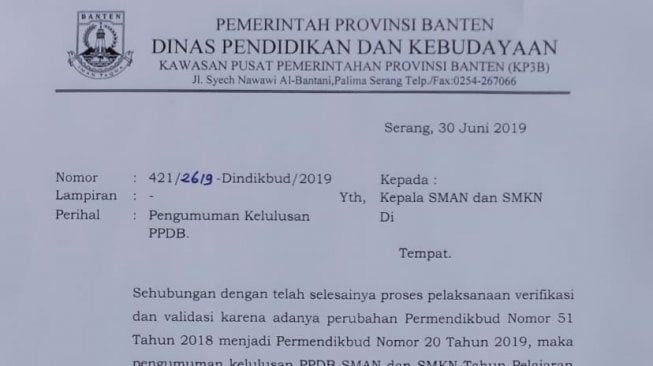 Surat edaran dinas kebudayaan dan pendidikan banten soal ppdb. (suara.com/m.iqbal)