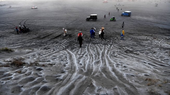 Pengunjung melintas di hamparan pasir yang diselimuti empun upas di kawasan Gunung Bromo, Probolinggo, Jawa Timur, Minggu (30/6). ANTARA FOTO/Zabur Karuru