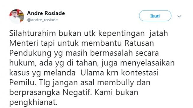 Cuitan Andre Rosiade yang meminta pendukung ditahan dibebaskan dalam rekonsiliasi nanti (Twitter)