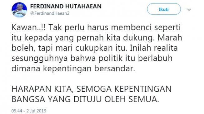 Cuitan Ferdinand Hutahaean meminta pendukung Prabowo menerima kenyataan (Twitter/ @ferdinandhaean2)