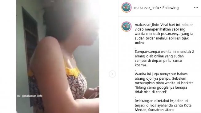 Customer wanita tak mau bayar pesanan makanan dari ojol. (Instagram/@makassar.iinfo)