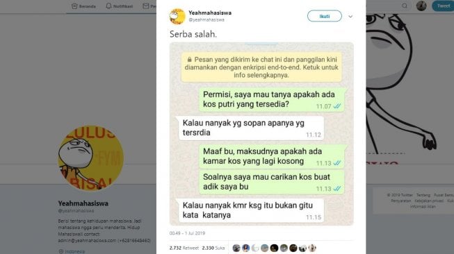 Postingan warganet, chat mahasiswa dengan ibu kos. [Twitter]