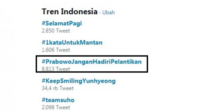 Tagar #PrabowoJanganHadiriPelantikan jadi trending topic (Twitter)