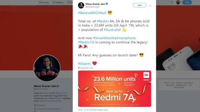 Postingan penjualan Xiaomi model Redmi seri A. [Twitter]