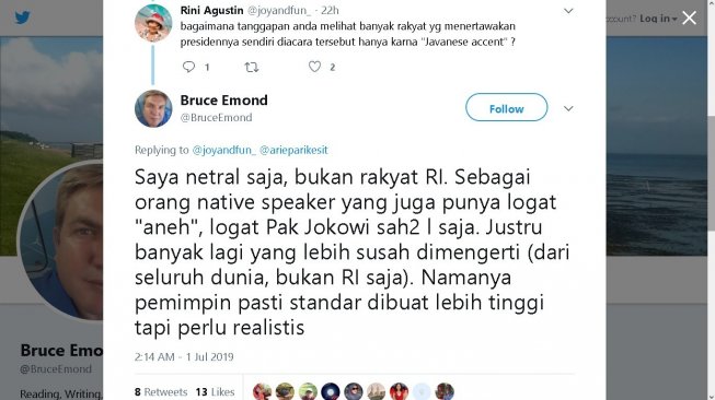 Penutur asing komentari bahasa Inggris Jokowi - (Twitter/@BruceEmond)