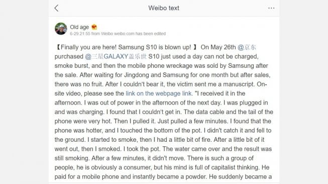 Postingan Samsung Galaxy S10 terbakar dan mengeluarkan asap. [Weibo]