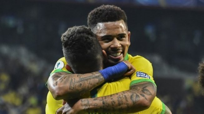 Pemain timnas Brasil Gabriel Jesus rayakan golnya ke gawang Argentina di semifinal Copa America 2019 yang berlangsung di Belo Horizonte, Rabu (3/7/2019) [AFP]