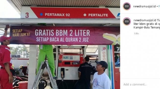 Tawaran bensin gratis dari sebuah SPBU di Temanggung, Jawa Tengah. (Instagram/@newdramaojol.id)