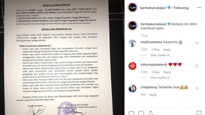 Barbie Kumalasari memamerkan berkas sumpah profesi advokat miliknya. [instagram/barbiekumalasari]