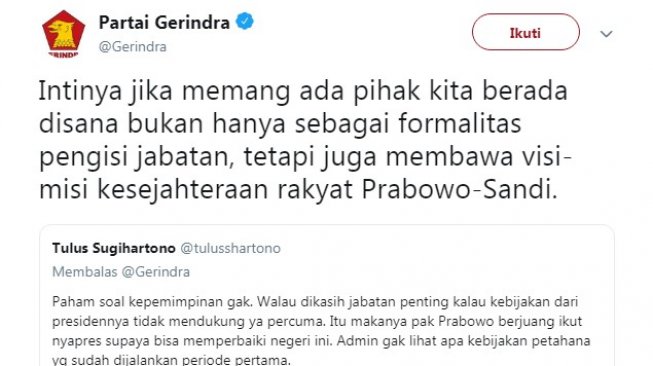 Cuitan akun @gerindra soal kemungkinan isi jabatan di koalisi pemerintahan Jokowi (Twitter)