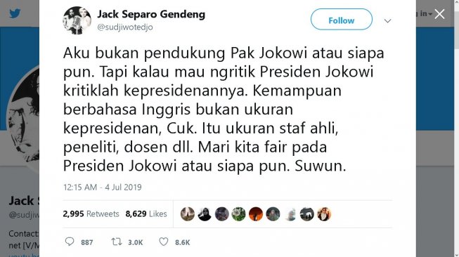 Sujiwo Tejo Kritik Kepresidenan Jokowi Bukan Kemampuan 