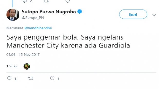 Screenshoot twitter Sutopo yang mengaku sebagai fans Manchester City. [@Sutopo_PN / Twitter]