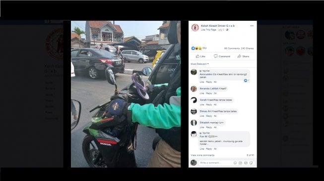 Postingan warganet, driver ojol menggunakan holder smartphone yang tidak biasa. [Facebook]