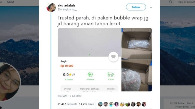 Aksi kocak warganet, menjual angin lewat online. [Twitter]