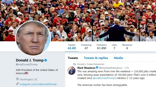 Tampilan akun Twitter Presiden Amerika Serikat, Donald Trump. [Twitter/@realDonaldTrump]