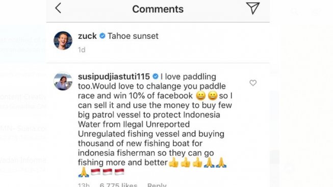 Menteri Kelautan dan Perikanan Susi Pudjiastuti menantang Mark Zuckerberg lomba paddling (Instagram)