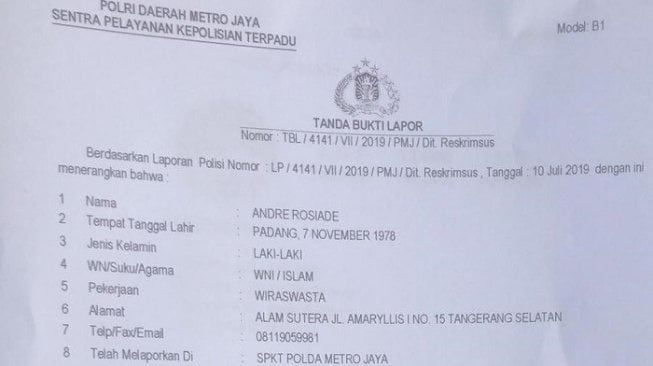 Bukti laporan kasus peretasan akun medsos yang disampaikan Andre Rosiade. (istimewa)