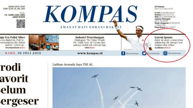 Kesalahan layouting Harian Kompas menuai reaksi kocak warganet (Twitter)