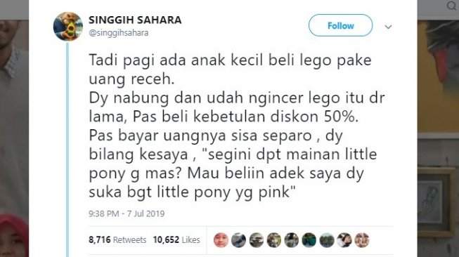 Postingan warganet beli lego dengan uang receh. [Twitter] 